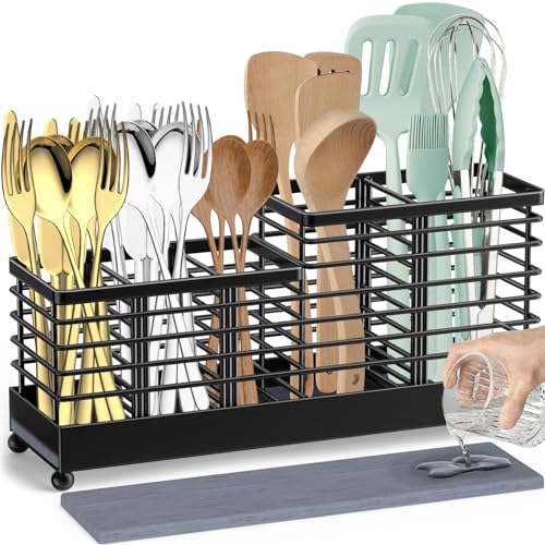 TomCare Utensil Holder with Water Absorbent Diatomite Stone 3 Removable Dividers Large Silverware Organizer Sturdy Cooking