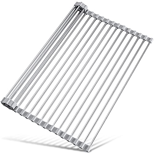 Tomorotec 17.7" x 15.5" Roll Up Dish Drying Rack Over Sink Drying Rack Sink Cover Kitchen Sink Accessories Gadget Multipurpose Organizer Foldable Stainless Steel Drainer (Grey) - My Kitchen Products