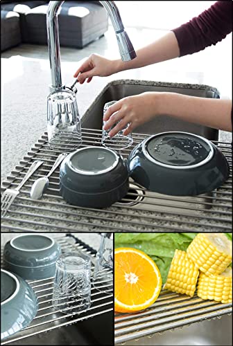 Tomorotec 17.7" x 15.5" Roll Up Dish Drying Rack Over Sink Drying Rack Sink Cover Kitchen Sink Accessories Gadget Multipurpose Organizer Foldable Stainless Steel Drainer (Grey) - My Kitchen Products
