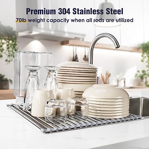 Tomorotec 17.7" x 15.5" Roll Up Dish Drying Rack Over Sink Drying Rack Sink Cover Kitchen Sink Accessories Gadget Multipurpose Organizer Foldable Stainless Steel Drainer (Grey) - My Kitchen Products