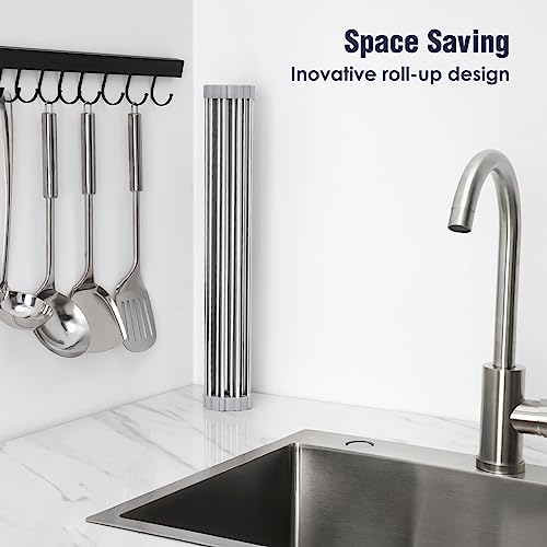 Tomorotec 17.7" x 15.5" Roll Up Dish Drying Rack Over Sink Drying Rack Sink Cover Kitchen Sink Accessories Gadget Multipurpose Organizer Foldable Stainless Steel Drainer (Grey) - My Kitchen Products
