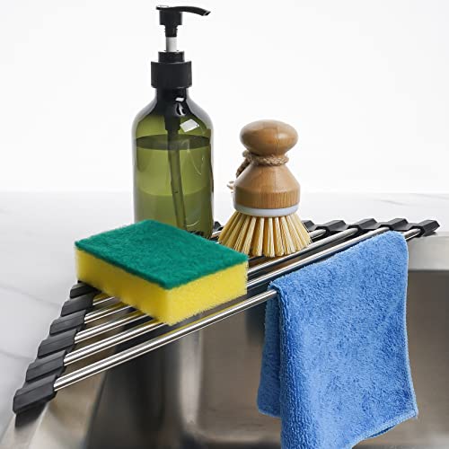 Tomorotec Foldable Stainless Steel Triangle Roll-Up Dish Drying Rack for Small Sink Corners - Over-The-Sink Multipurpose Kitchen Drainer, Rustproof Organizer, Trivet and Shelf - Space-Saving (Black) - My Kitchen Products