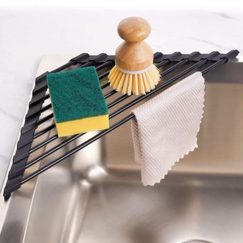 Tomorotec Small Triangle Roll-Up Dish Drying Rack with Silicone Coating Stainless Steel Frame for Sink Corners, Multipurpose Over-The-Sink Kitchen Drainer & Organizer for Space-Saving Storage (Black) - My Kitchen Products