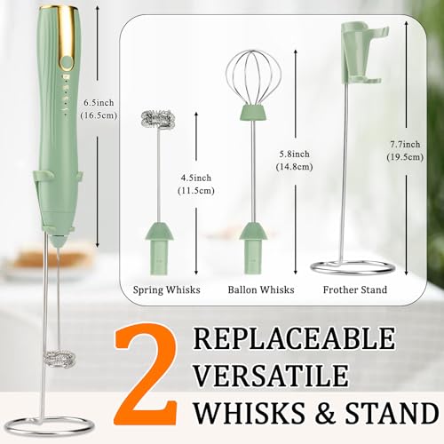 TonJin Frother Wand Rechargeable USB-C Milk Frother Handheld Mixer Electric with 2 Whisk Heads, 3 Speeds Adjustable Coffee Drink Mixer with Stand for Lattes, Matcha, Hot Chocolate, Egg, Matcha(Green) - My Kitchen Products