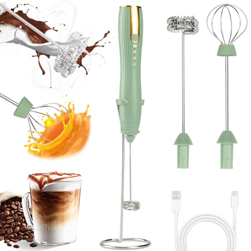 TonJin Frother Wand Rechargeable USB-C Milk Frother Handheld Mixer Electric with 2 Whisk Heads, 3 Speeds Adjustable Coffee Drink Mixer with Stand for Lattes, Matcha, Hot Chocolate, Egg, Matcha(Green) - My Kitchen Products