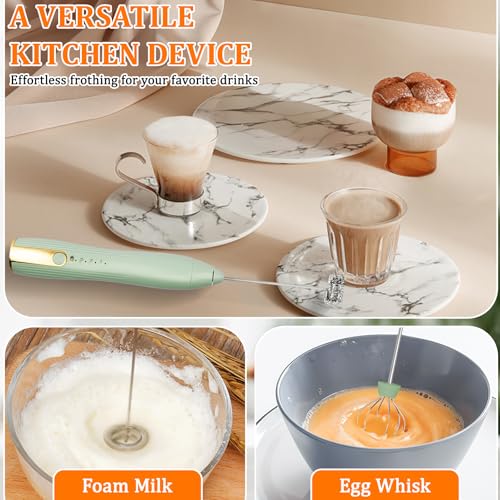 TonJin Frother Wand Rechargeable USB-C Milk Frother Handheld Mixer Electric with 2 Whisk Heads, 3 Speeds Adjustable Coffee Drink Mixer with Stand for Lattes, Matcha, Hot Chocolate, Egg, Matcha(Green) - My Kitchen Products