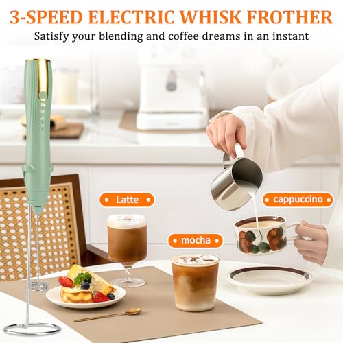 TonJin Frother Wand Rechargeable USB-C Milk Frother Handheld Mixer Electric with 2 Whisk Heads, 3 Speeds Adjustable Coffee Drink Mixer with Stand for Lattes, Matcha, Hot Chocolate, Egg, Matcha(Green) - My Kitchen Products