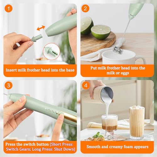 TonJin Frother Wand Rechargeable USB-C Milk Frother Handheld Mixer Electric with 2 Whisk Heads, 3 Speeds Adjustable Coffee Drink Mixer with Stand for Lattes, Matcha, Hot Chocolate, Egg, Matcha(Green) - My Kitchen Products