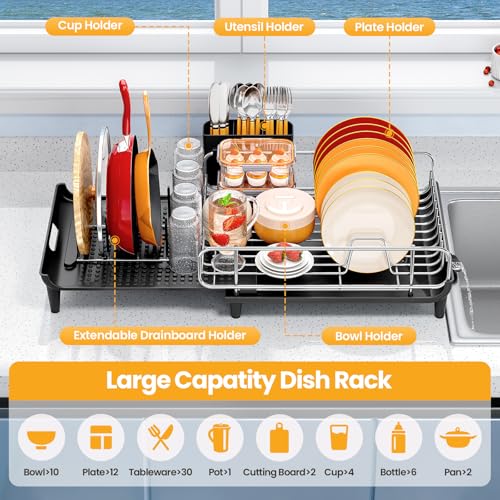 TOOLF Expandable Dish Rack, Dish Drying Rack for Kitchen Counter, Foldable Dish Dryer Rack, Stainless Steel Dish Drainer Racks with Cutlery Holder, Collapsible Dish Drying Racks Large Size,Black - My Kitchen Products