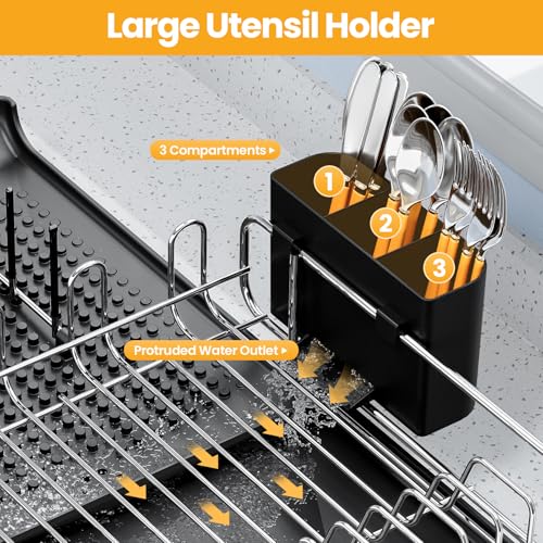 TOOLF Expandable Dish Rack, Dish Drying Rack for Kitchen Counter, Foldable Dish Dryer Rack, Stainless Steel Dish Drainer Racks with Cutlery Holder, Collapsible Dish Drying Racks Large Size,Black - My Kitchen Products