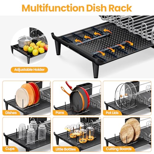 TOOLF Expandable Dish Rack, Dish Drying Rack for Kitchen Counter, Foldable Dish Dryer Rack, Stainless Steel Dish Drainer Racks with Cutlery Holder, Collapsible Dish Drying Racks Large Size,Black - My Kitchen Products