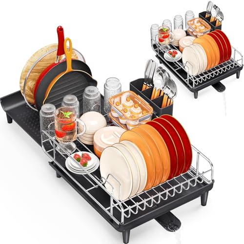 TOOLF Expandable Dish Rack, Dish Drying Rack for Kitchen Counter, Foldable Dish Dryer Rack, Stainless Steel Dish Drainer Racks with Cutlery Holder, Collapsible Dish Drying Racks Large Size,Black - My Kitchen Products