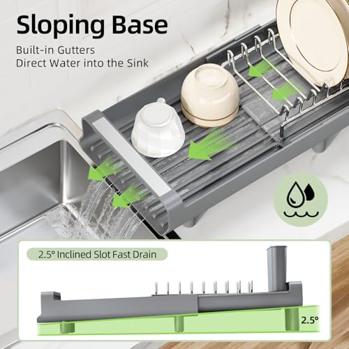 TOOLF Small Dish Drying Rack, Mini Expandable Compact Dish Rack, Slim Extendable Stainless Steel Dish Drainer for Kitchen Plate Storage, Space Saving Dish Strainer in Sink or on Home Countertop, Gray - My Kitchen Products
