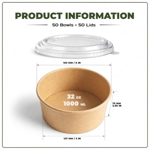 TOPtoper 50 Pcs 32 Oz Large Paper Bowls with Lids, Disposable Soup Serving Bowls Bulk Party Supplies for Hot/Cold Food, Soup (32 OZ) - My Kitchen Products