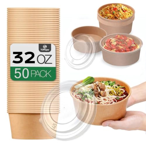 TOPtoper 50 Pcs 32 Oz Large Paper Bowls with Lids, Disposable Soup Serving Bowls Bulk Party Supplies for Hot/Cold Food, Soup (32 OZ) - My Kitchen Products
