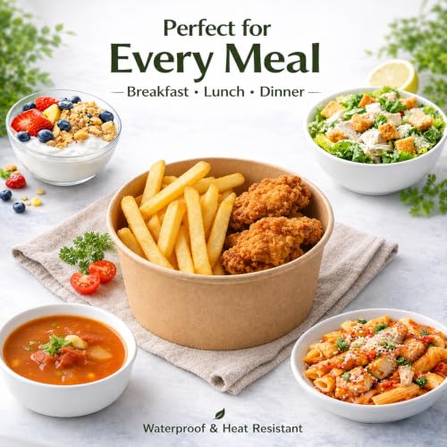 TOPtoper 50 Pcs 32 Oz Large Paper Bowls with Lids, Disposable Soup Serving Bowls Bulk Party Supplies for Hot/Cold Food, Soup (32 OZ) - My Kitchen Products