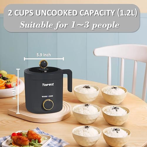 TOPWIT Rice Cooker Small, Mini Rice Cooker 2 Cups Uncooked, 1.2L Portable Rice Maker with Non-stick Coating, BPA Free, One Touch & Keep Warm Function, Grey - My Kitchen Products