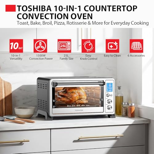 TOSHIBA 10-in-1 Convection Toaster Oven, 6-Slice Countertop Oven, 1500W with Toast, Bake, Broil, Rotisserie & Pizza Functions, LCD Knob Controls, 6 Accessories, Stainless Steel - My Kitchen Products