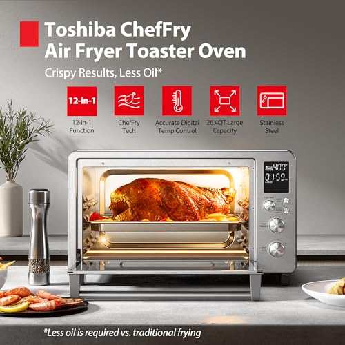 TOSHIBA ChefFry Air Fryer Toaster Oven Combo with Toast, Bake, Broil, Pizza & Dehydrate, 26.4-Quart Capacity, Stainless Steel - My Kitchen Products