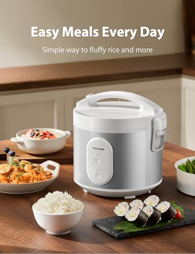 TOSHIBA Rice Cooker & Steamer Simple 5.5 Cup(Uncooked) with Steaming Basket, Removable Non-Stick Inner Pot & Inner Lid, for Soups, Stews, Grains&Oatmeal, One Touch&Keep Warm Function, Silvery White - My Kitchen Products