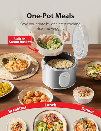 TOSHIBA Rice Cooker & Steamer Simple 5.5 Cup(Uncooked) with Steaming Basket, Removable Non-Stick Inner Pot & Inner Lid, for Soups, Stews, Grains&Oatmeal, One Touch&Keep Warm Function, Silvery White - My Kitchen Products