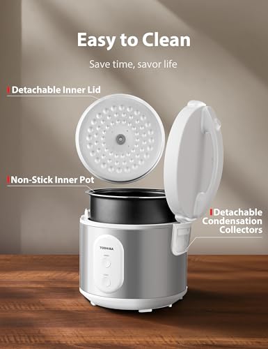 TOSHIBA Rice Cooker & Steamer Simple 5.5 Cup(Uncooked) with Steaming Basket, Removable Non-Stick Inner Pot & Inner Lid, for Soups, Stews, Grains&Oatmeal, One Touch&Keep Warm Function, Silvery White - My Kitchen Products