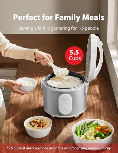 TOSHIBA Rice Cooker & Steamer Simple 5.5 Cup(Uncooked) with Steaming Basket, Removable Non-Stick Inner Pot & Inner Lid, for Soups, Stews, Grains&Oatmeal, One Touch&Keep Warm Function, Silvery White - My Kitchen Products