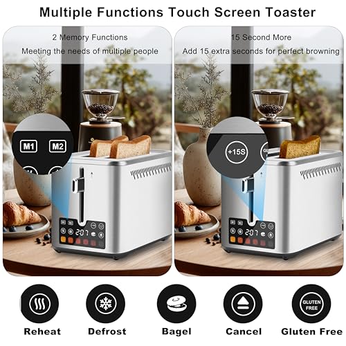 Touch Screen Toaster 2 Slice, Bagel Toaster with LCD Display, Stainless Steel Smart Digital Toasters with +15s Boost,Dual Memory Functions,Toasters with 6 Shade Settings & Extra-Wide Slots,900W - My Kitchen Products