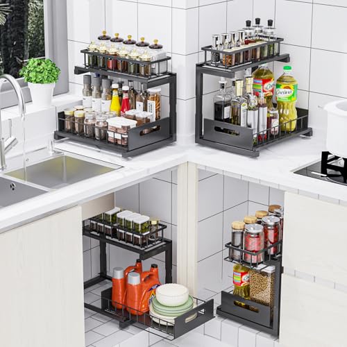 Toyear Under Sink Organizer, Heavy Duty Metal Pull Out Cabinet Organizer Slide Out Sink Shelf Organizer Height Adjustable, Multi-Purpose Storage Shelf for Kitchen Bathroom(Black,2Pack) - My Kitchen Products