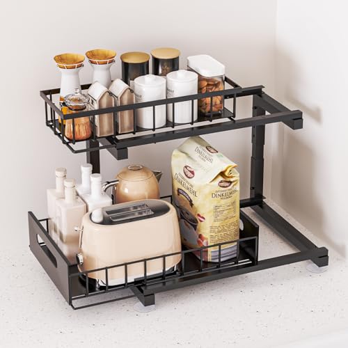 Toyear Under Sink Organizer, Heavy Duty Metal Pull Out Cabinet Organizer Slide Out Sink Shelf Organizer Height Adjustable, Multi-Purpose Storage Shelf for Kitchen Bathroom(Black,2Pack) - My Kitchen Products