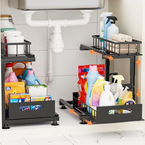 Toyear Under Sink Organizer, Heavy Duty Metal Pull Out Cabinet Organizer Slide Out Sink Shelf Organizer Height