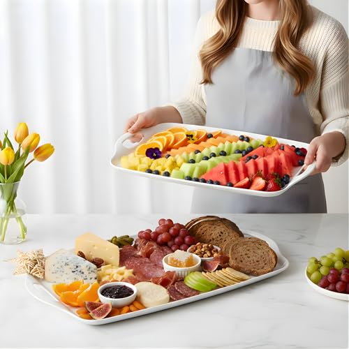 TP Serving Trays with Handles, 17 x 12 Inch Melamine Serving Platters for Food, Meat, Set of 2 Rectangular Trays for Eating, Pure White - My Kitchen Products