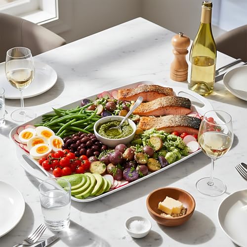 TP Serving Trays with Handles, 17 x 12 Inch Melamine Serving Platters for Food, Meat, Set of 2 Rectangular Trays for Eating, Pure White - My Kitchen Products