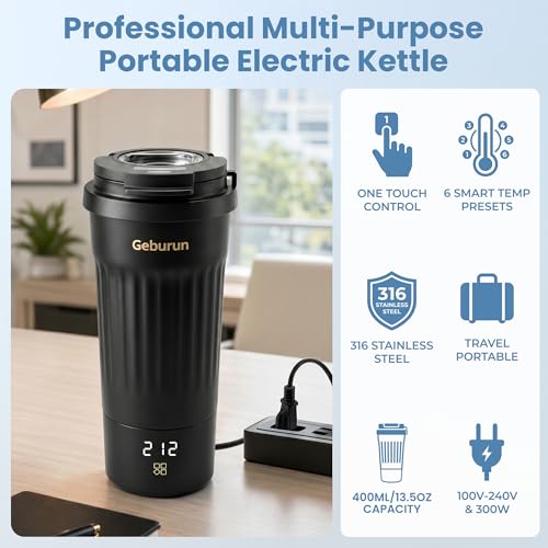 Travel Electric Kettle Portable Water Boiler, 400ml Small Tea Maker with 6 Temp Settings LCD Display, 316 Stainless Steel Vacuum Insulated Tumbler, 100V-240V, Travel Gifts for Men Women(Black) - My Kitchen Products