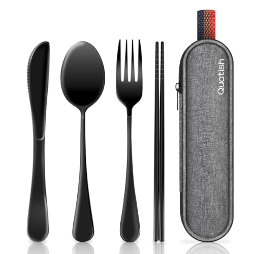 Travel Utensils with Case, Quatish Portable Silverware Set for Work, Stainless Steel Reusable Travel Cutlery Set, Fork and Spoon Set for Camping, Picnic, Gadgets, Lunch Box for Men, Black - My Kitchen Products