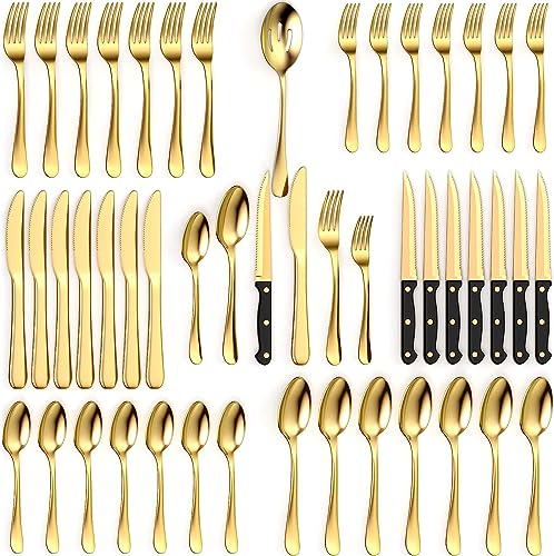 Tribal Cooking 49 Piece Gold Silverware Set - Service for 8 - Stainless Steel Gold Flatware serving set - Cutlery Set - Knives, Fork, and Spoon - Dishwasher Safe - Stunning Polished Finish - My Kitchen Products