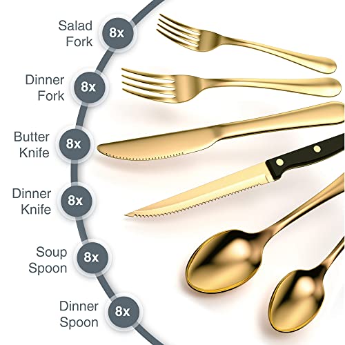 Tribal Cooking 49 Piece Gold Silverware Set - Service for 8 - Stainless Steel Gold Flatware serving set - Cutlery Set - Knives, Fork, and Spoon - Dishwasher Safe - Stunning Polished Finish - My Kitchen Products