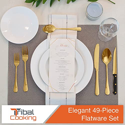 Tribal Cooking 49 Piece Gold Silverware Set - Service for 8 - Stainless Steel Gold Flatware serving set - Cutlery Set - Knives, Fork, and Spoon - Dishwasher Safe - Stunning Polished Finish - My Kitchen Products