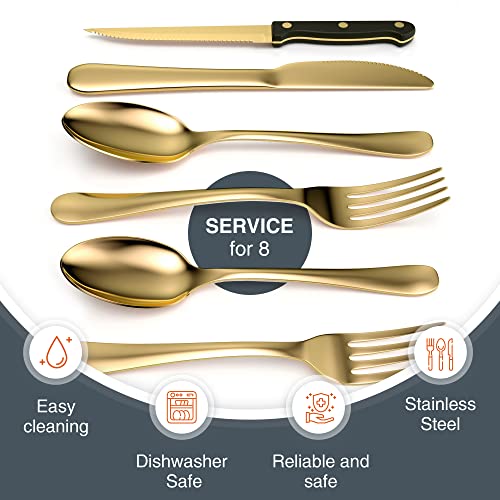Tribal Cooking 49 Piece Gold Silverware Set - Service for 8 - Stainless Steel Gold Flatware serving set - Cutlery Set - Knives, Fork, and Spoon - Dishwasher Safe - Stunning Polished Finish - My Kitchen Products