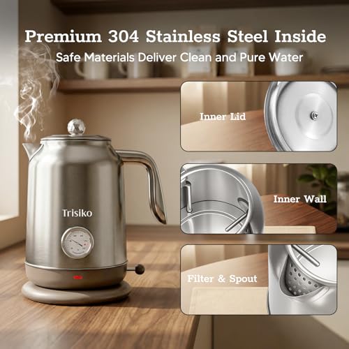 Trisiko 1.7L Large Electric Kettle with Thermometer,57.oz Electric Tea kettle with Automatically Shut Off,304 Stainless Steel,1200W Hot Water Kettle Electric for Coffee&Tea (Chrome) - My Kitchen Products