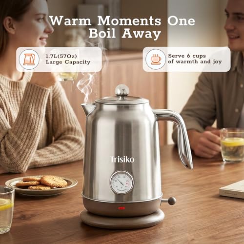 Trisiko 1.7L Large Electric Kettle with Thermometer,57.oz Electric Tea kettle with Automatically Shut Off,304 Stainless Steel,1200W Hot Water Kettle Electric for Coffee&Tea (Chrome) - My Kitchen Products