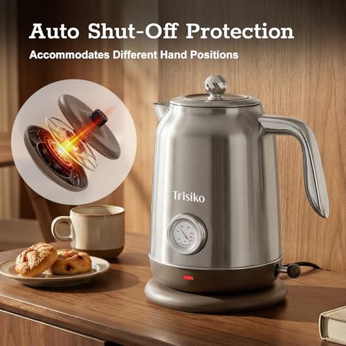 Trisiko 1.7L Large Electric Kettle with Thermometer,57.oz Electric Tea kettle with Automatically Shut Off,304 Stainless Steel,1200W Hot Water Kettle Electric for Coffee&Tea (Chrome) - My Kitchen Products