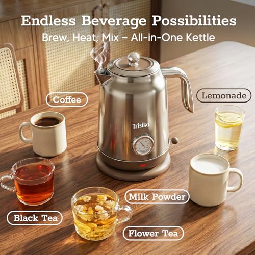 Trisiko 1.7L Large Electric Kettle with Thermometer,57.oz Electric Tea kettle with Automatically Shut Off,304 Stainless Steel,1200W Hot Water Kettle Electric for Coffee&Tea (Chrome) - My Kitchen Products