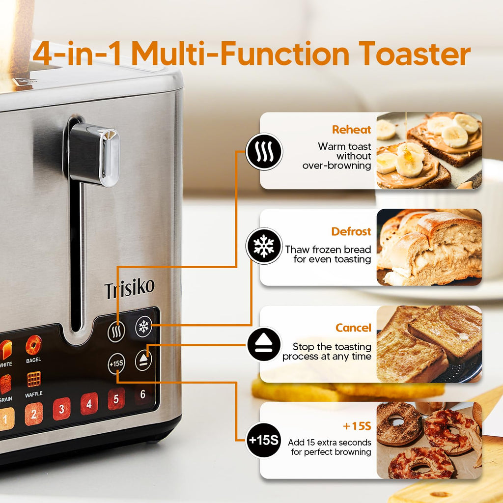 Trisiko Touch Screen Electric Toaster 2 Slice, Stainless Steel Smart Toaster with Digital Timer, 1.38" Extra-Wide Slots for Bread& Bagel, Great for Home, Office,Dorm - My Kitchen Products