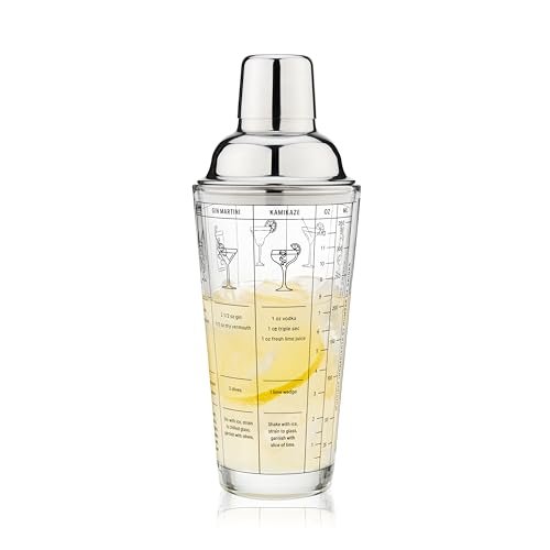 True Glass Cocktail Shaker with 7 Classic Recipes and Measurements for Cold Brew Cocktails, Home Bar Accessories, Bar