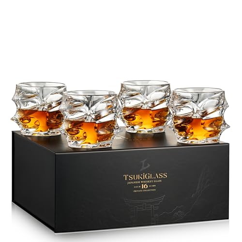 TSUKIGLASS Storm Premium Japanese Crystal Whiskey Glasses Set of 4, Gift Ready Box, 100% Ultra Clarity Lead-Free