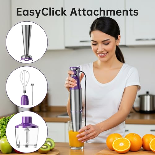 Turelar Immersion Blender Handheld Corded Hand Blenders Set 1100W, Trigger Variable Speed 5 in 1 Stick Emulsifier with Chopper, Whisk and Frother for Soup, Baby Food and Smoothies, Purple - My Kitchen Products