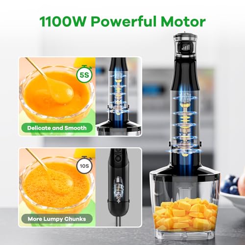 Turelar Immersion Blender Handheld Corded Hand Blenders Set 1100W, Trigger Variable Speed 5 in 1 Stick Emulsifier with Chopper, Whisk and Frother for Soup, Baby Food and Smoothies,Black - My Kitchen Products