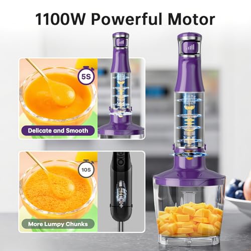 Turelar Immersion Blender Handheld Corded Hand Blenders Set 1100W, Trigger Variable Speed 5 in 1 Stick Emulsifier with Chopper, Whisk and Frother for Soup, Baby Food and Smoothies, Purple - My Kitchen Products
