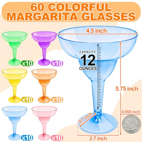 TURNMEON 60 Pack Multicolor Plastic Margarita Glasses 12 oz Disposable Cocktail Cups for Cinco De Mayo Decorations Fiesta Party Decorations Fun Taco Tuesday Mexican Themed Party Supplies - My Kitchen Products